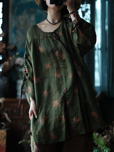 Women Summer Retro Flower O-Neck Ramie Loose Shirt