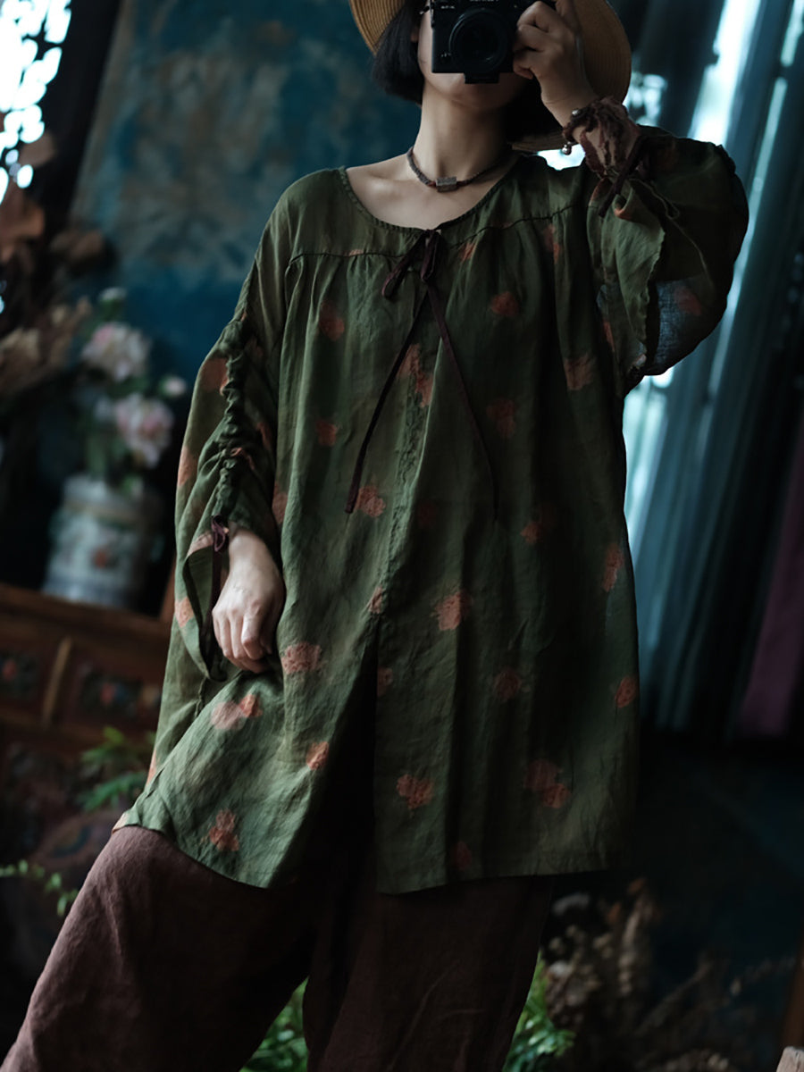 Women Summer Retro Flower O-Neck Ramie Loose Shirt