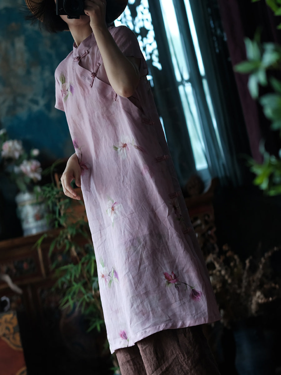 Women Summer Artsy Flower Stand Collar Ramie Dress