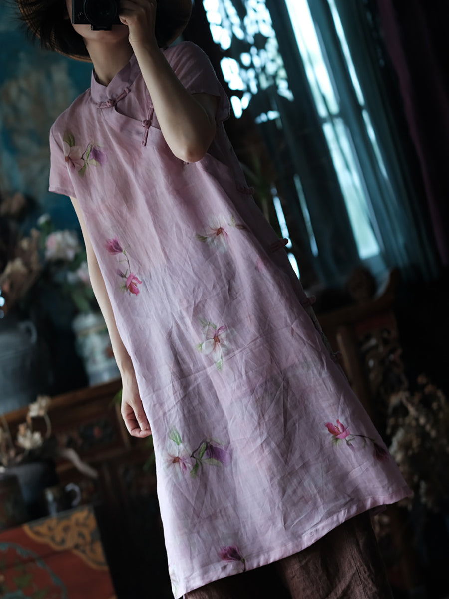 Women Summer Artsy Flower Stand Collar Ramie Dress