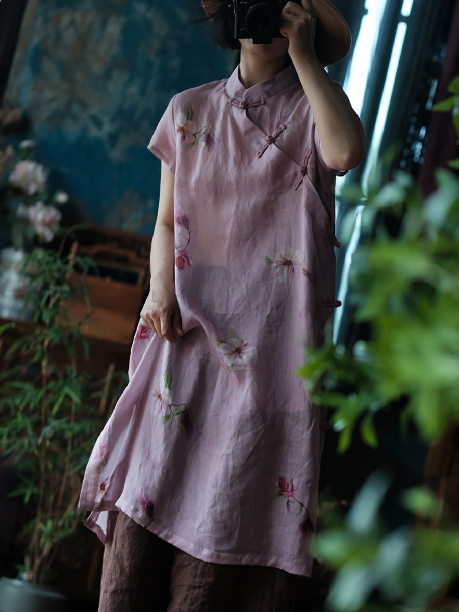 Women Summer Artsy Flower Stand Collar Ramie Dress