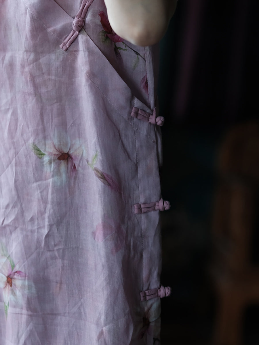 Women Summer Artsy Flower Stand Collar Ramie Dress