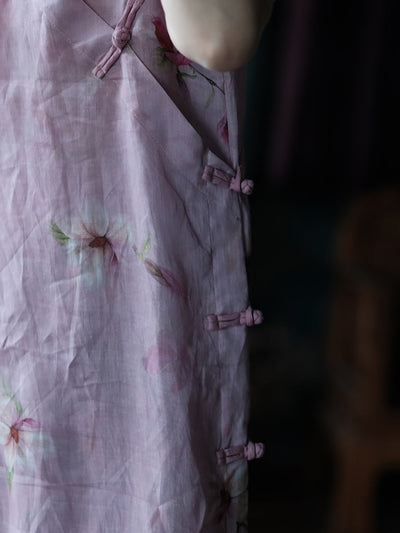 Women Summer Artsy Flower Stand Collar Ramie Dress