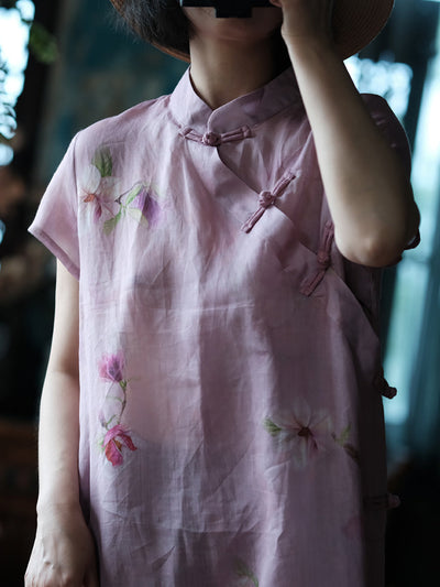 Women Summer Artsy Flower Stand Collar Ramie Dress