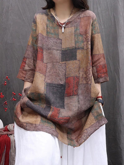 Women Summer Print V-Neck 100%Ramie Thin Long Shirt
