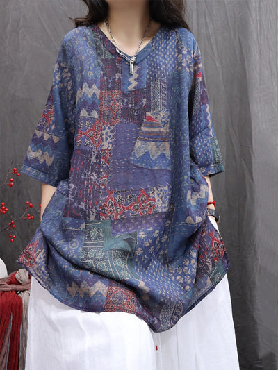 Women Summer Print V-Neck 100%Ramie Thin Long Shirt