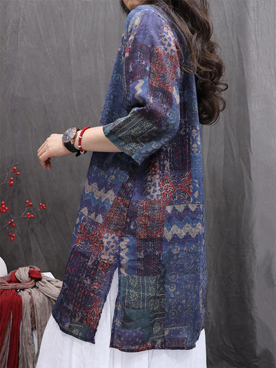 Women Summer Print V-Neck 100%Ramie Thin Long Shirt