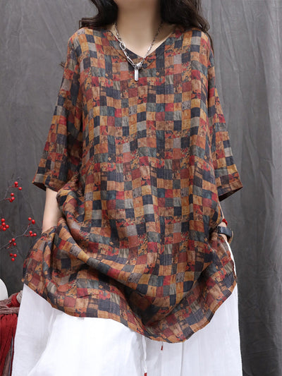 Women Summer Print V-Neck 100%Ramie Thin Long Shirt