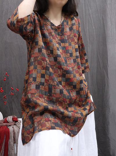 Women Summer Print V-Neck 100%Ramie Thin Long Shirt