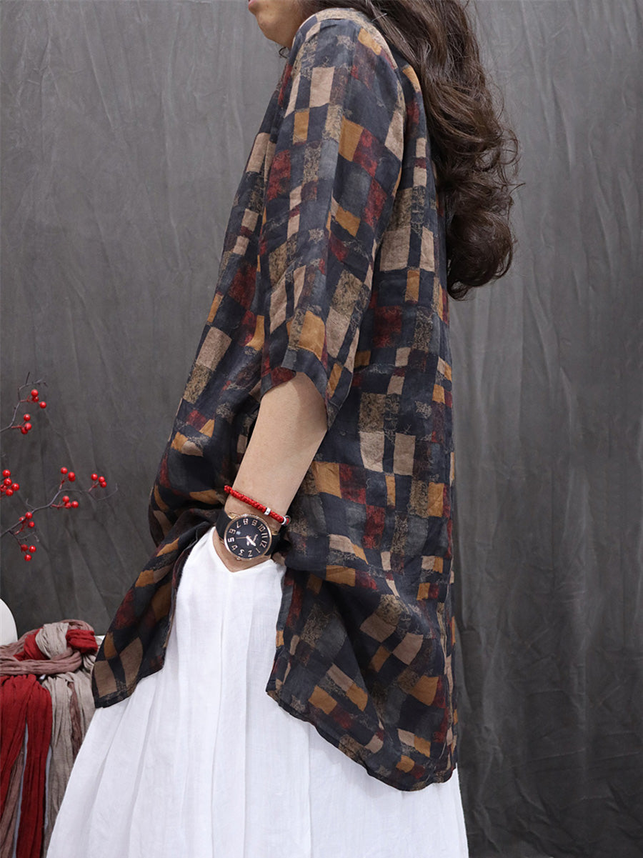 Women Summer Print V-Neck 100%Ramie Thin Long Shirt