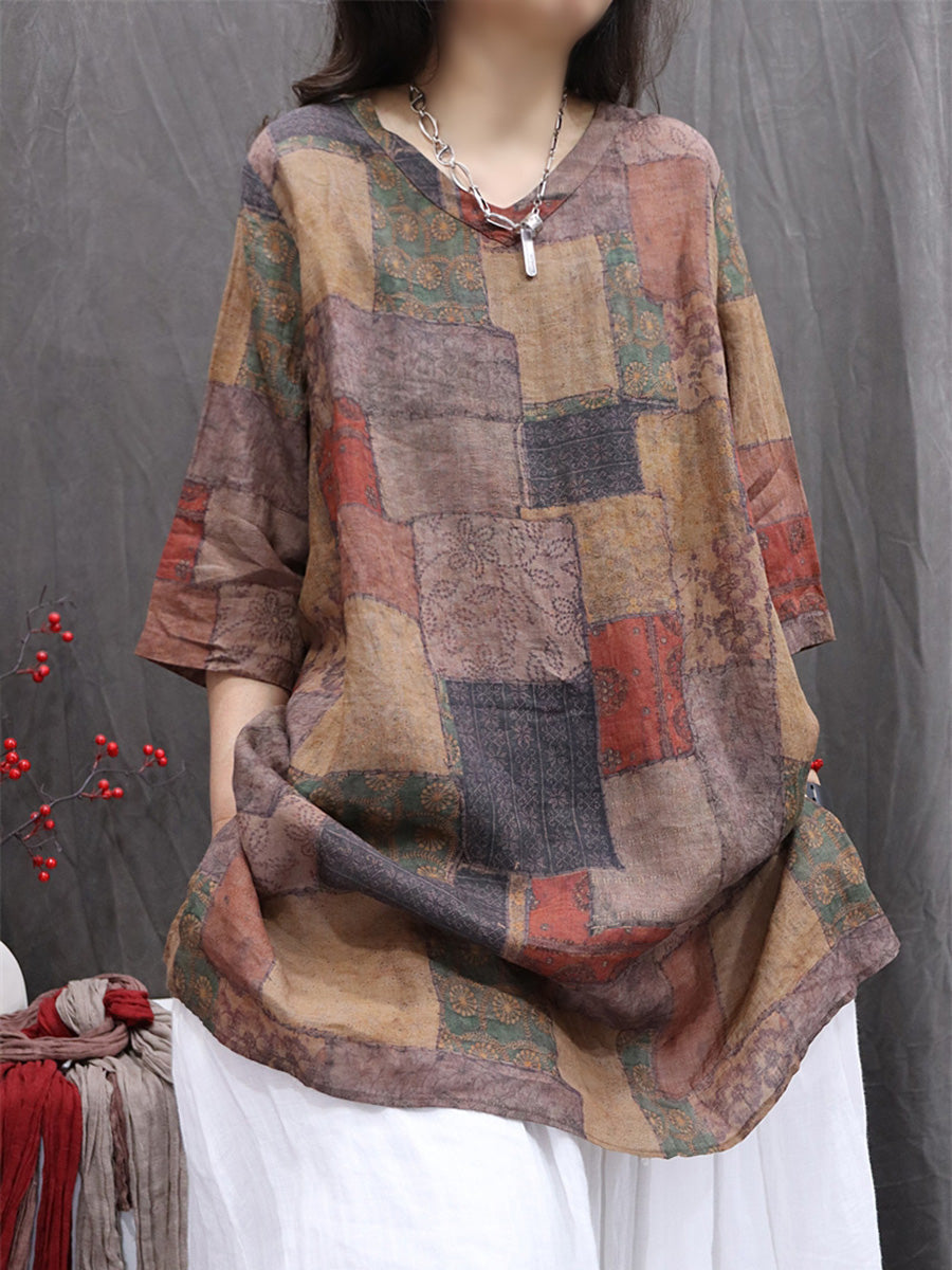 Women Summer Print V-Neck 100%Ramie Thin Long Shirt