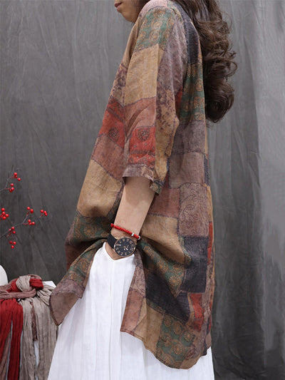 Women Summer Print V-Neck 100%Ramie Thin Long Shirt