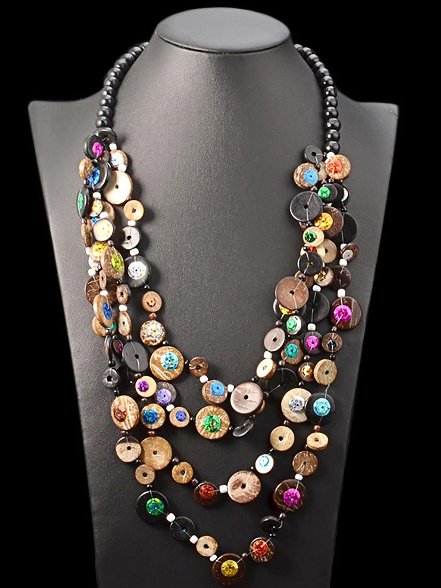 Bohemia Wooden Button Bead Multilayer Necklace