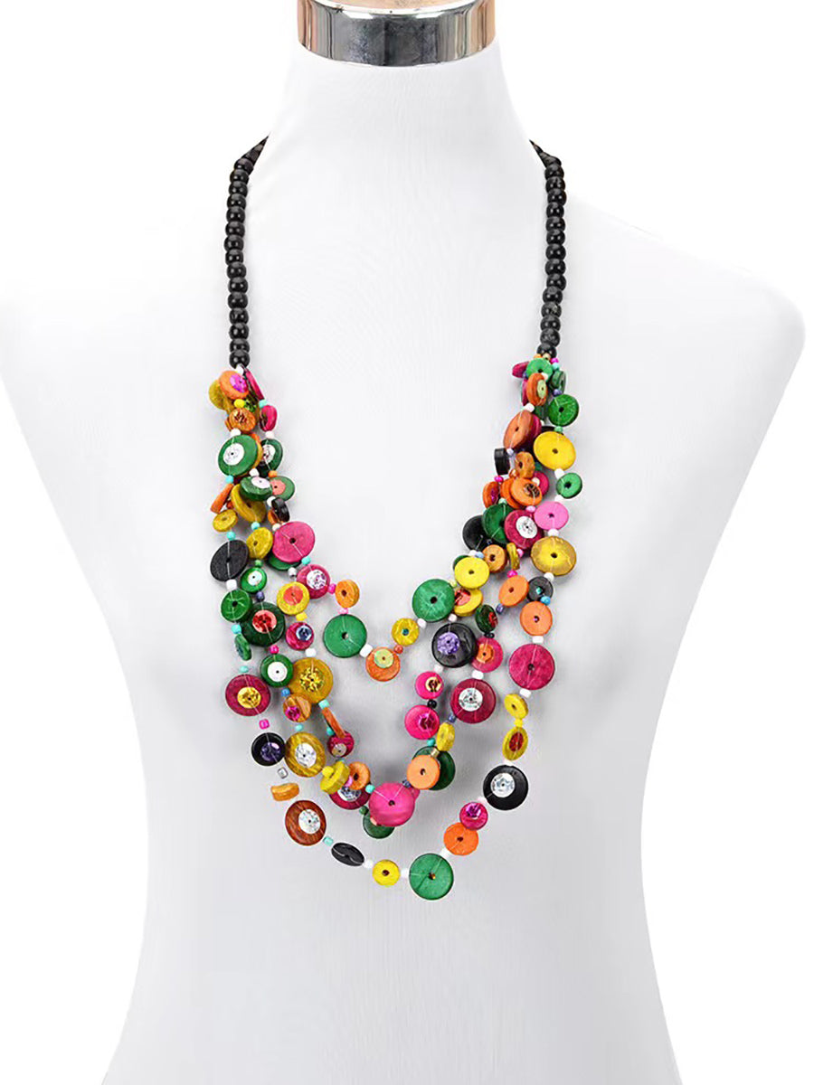 Bohemia Wooden Button Bead Multilayer Necklace