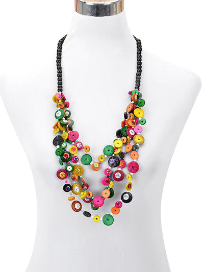 Bohemia Wooden Button Bead Multilayer Necklace