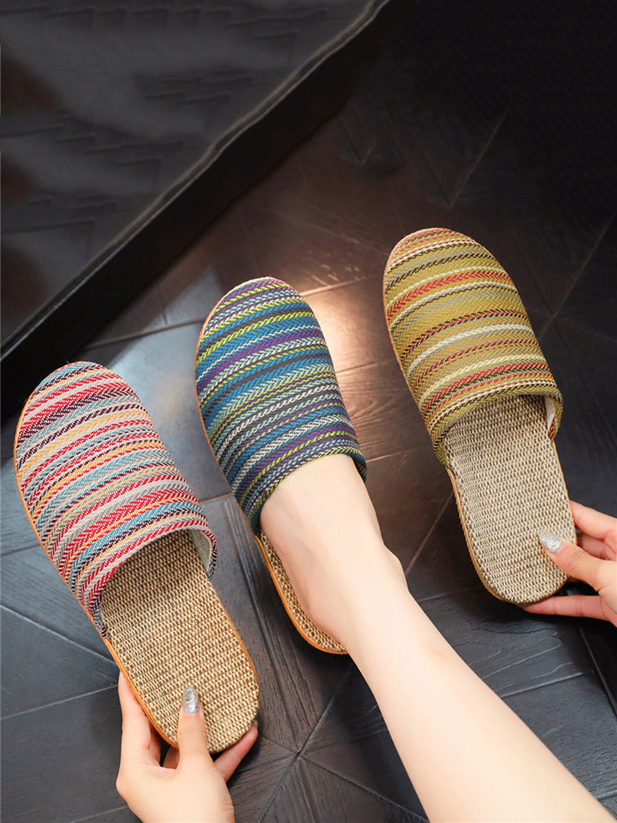 Couple Vintage Colorful Stripe Linen Slippers