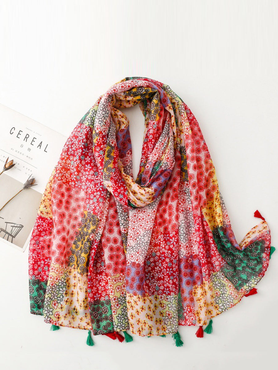 Women Bohemia Floral Patchwork Tassel Shawl Scarf