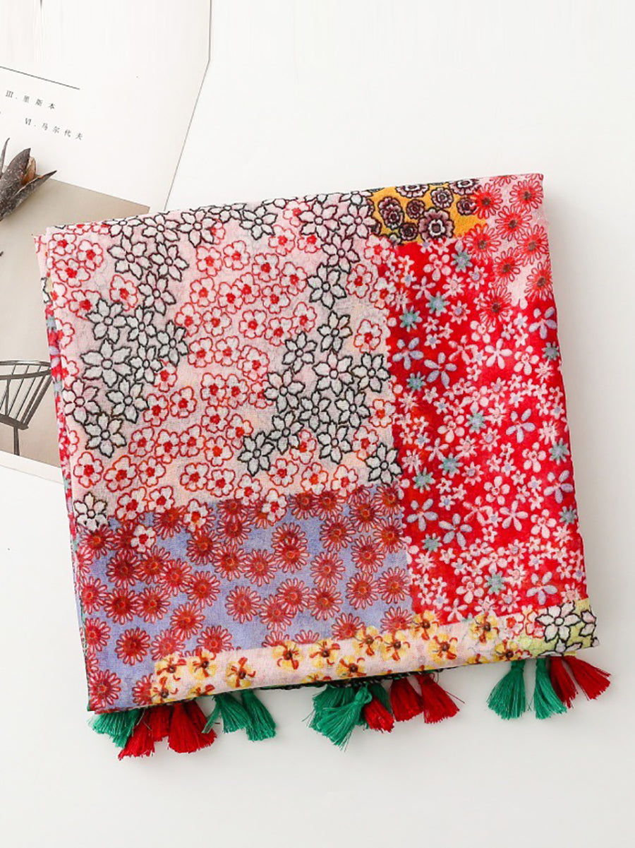 Women Bohemia Floral Patchwork Tassel Shawl Scarf