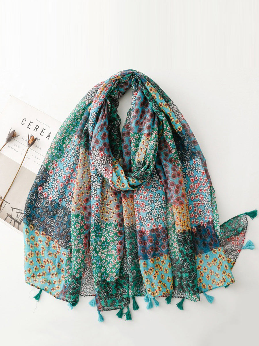 Women Bohemia Floral Patchwork Tassel Shawl Scarf