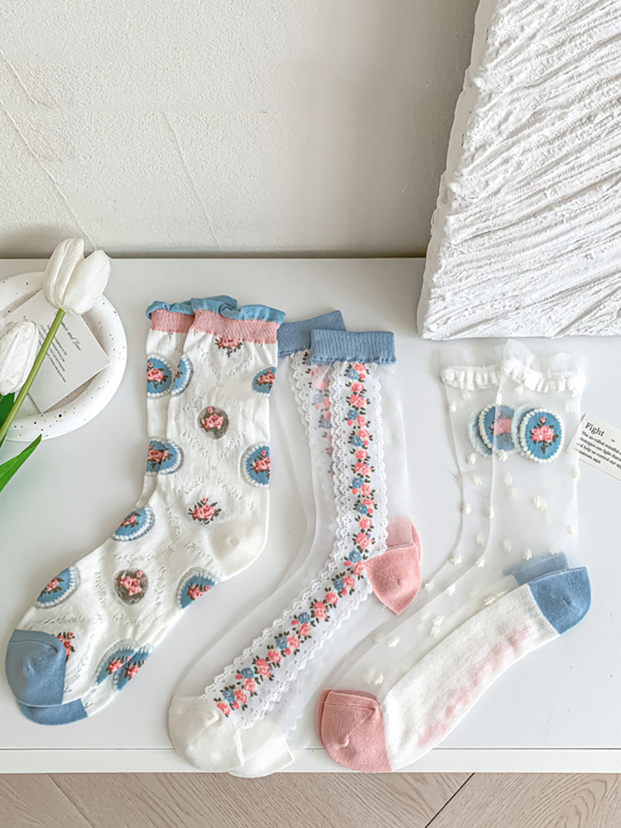 3 Pairs Women Summer Flower Jacquard Long Socks