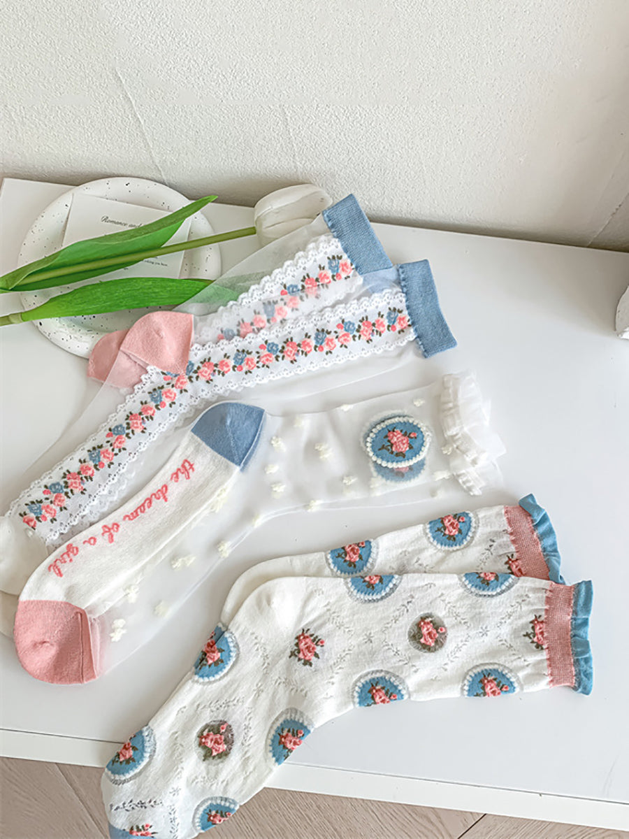 3 Pairs Women Summer Flower Jacquard Long Socks
