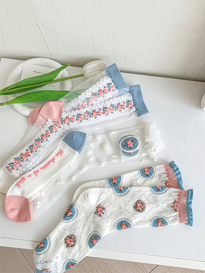 3 Pairs Women Summer Flower Jacquard Long Socks