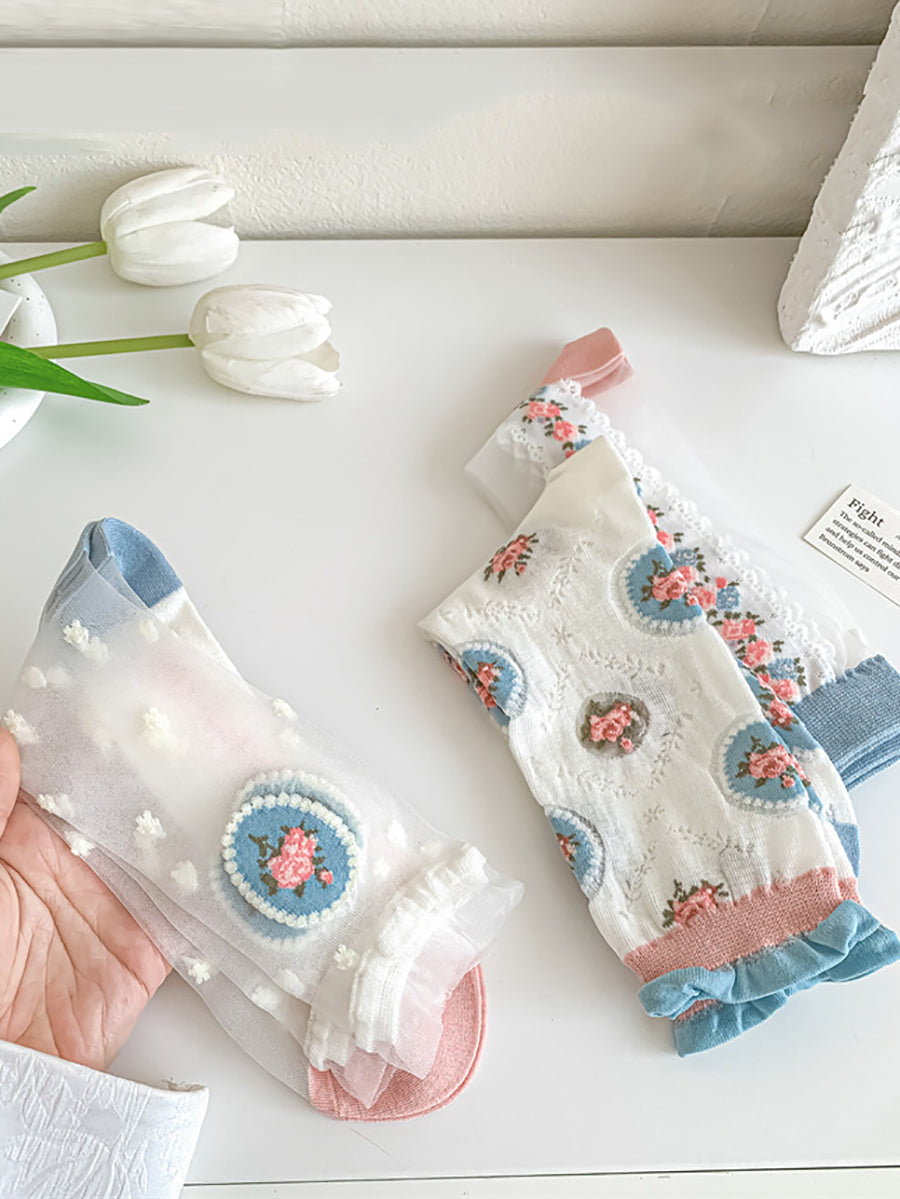 3 Pairs Women Summer Flower Jacquard Long Socks