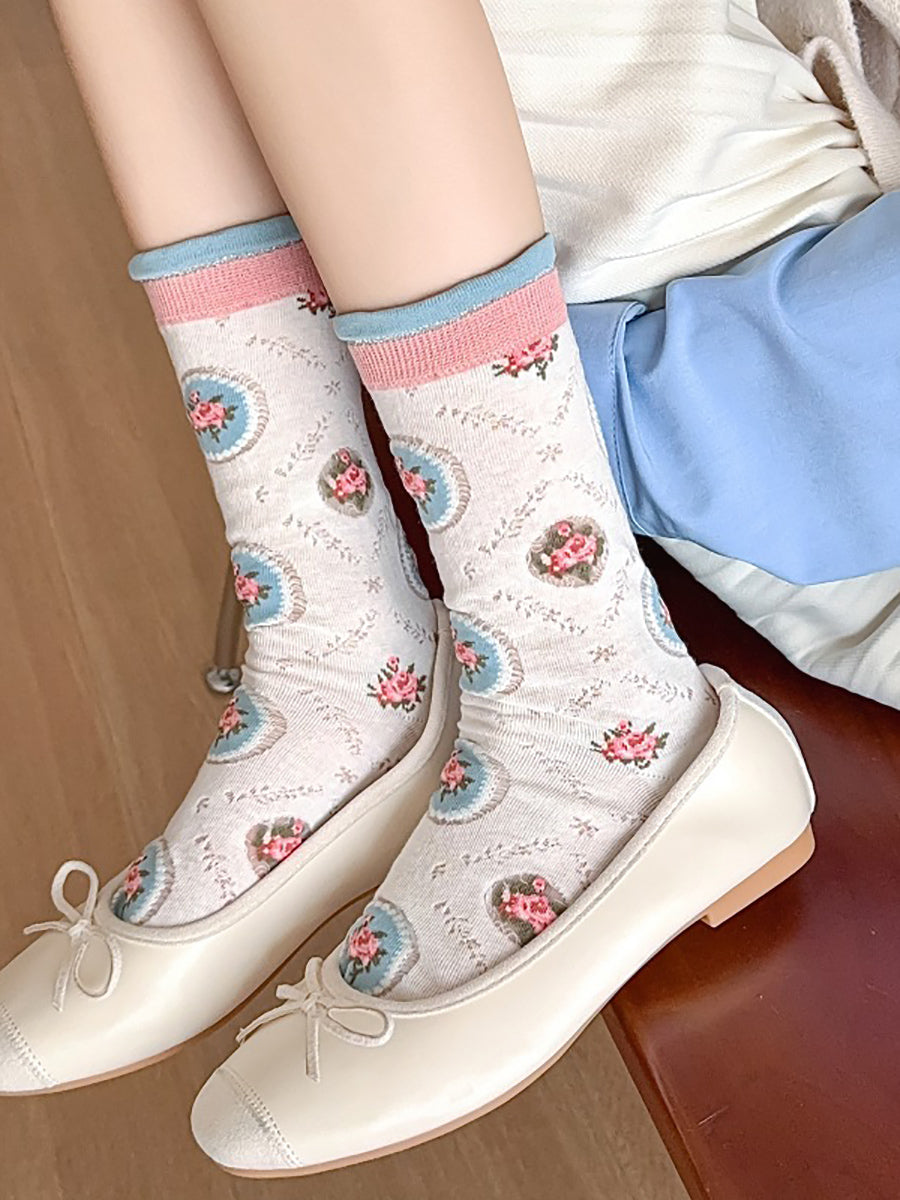 3 Pairs Women Summer Flower Jacquard Long Socks