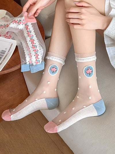 3 Pairs Women Summer Flower Jacquard Long Socks