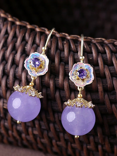 Women Ethnic Glaze Flower Zircon Jade S925Sliver Earrings