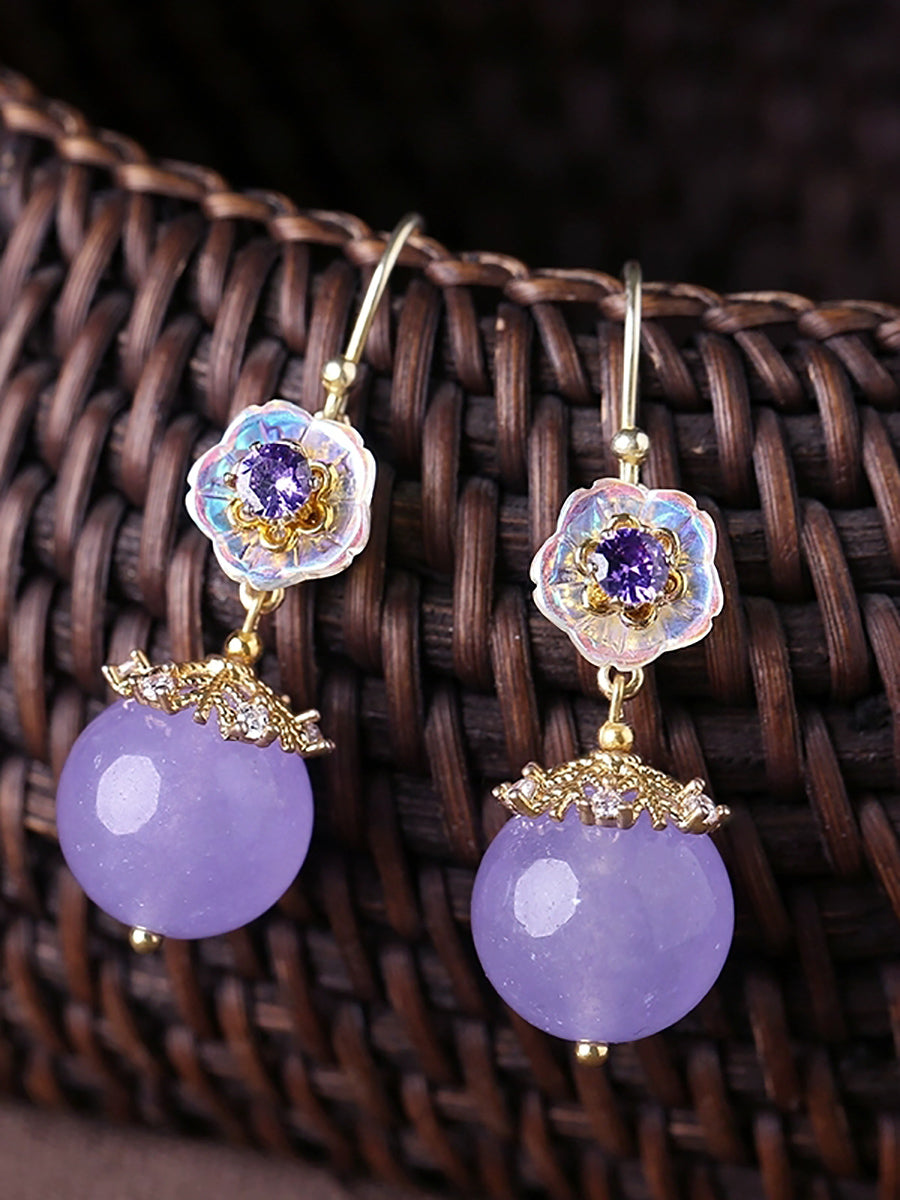 Women Ethnic Glaze Flower Zircon Jade S925Sliver Earrings