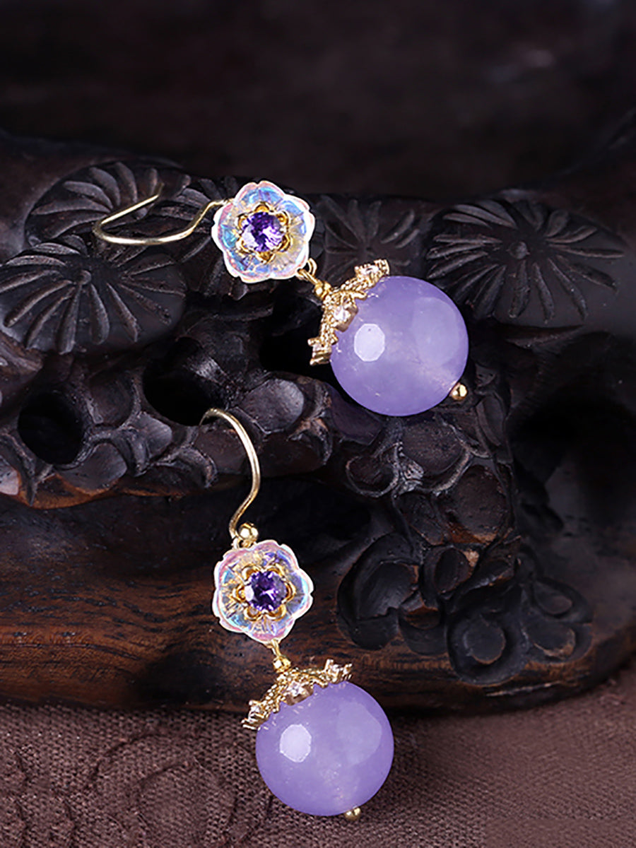 Women Ethnic Glaze Flower Zircon Jade S925Sliver Earrings