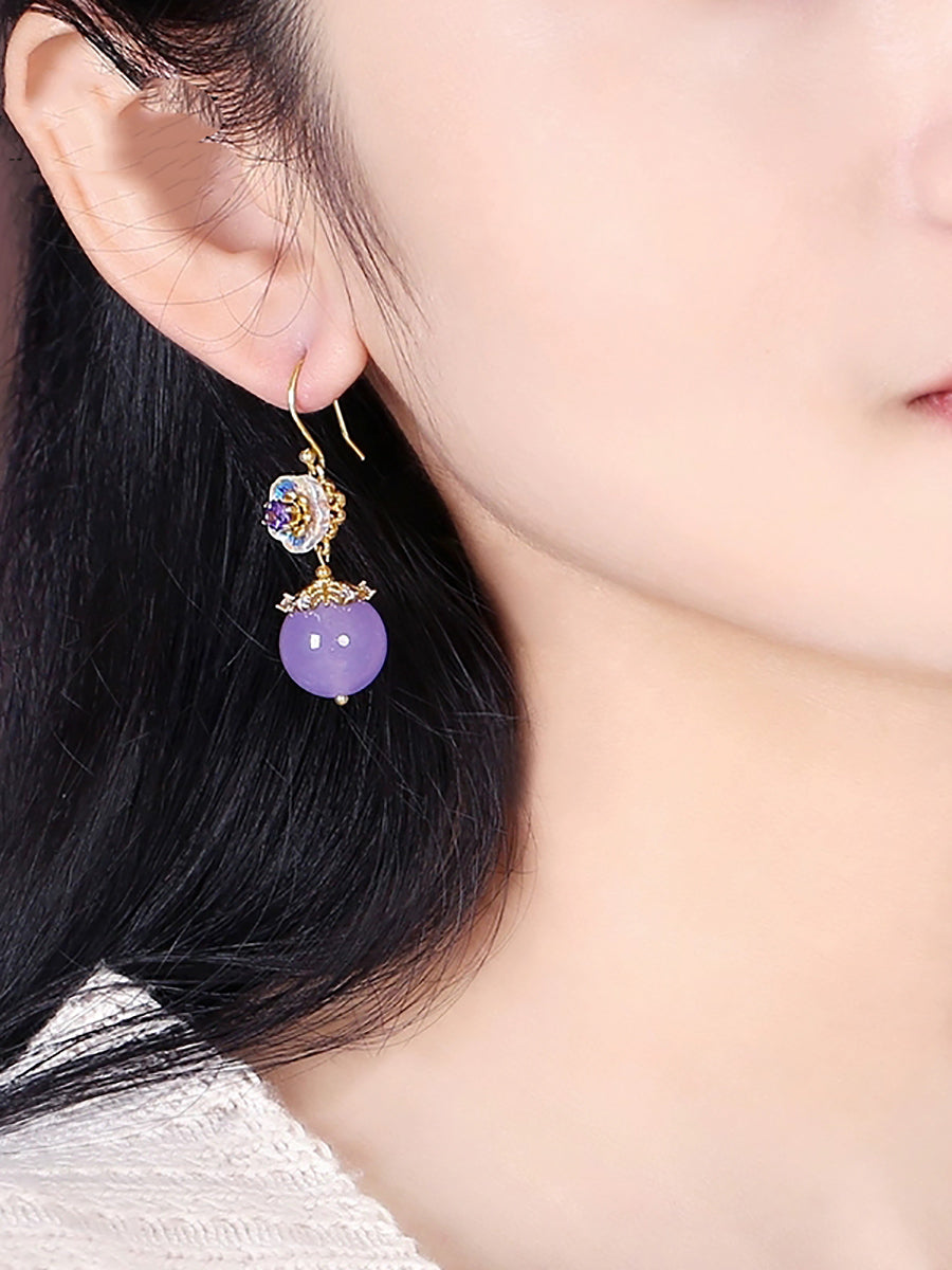 Women Ethnic Glaze Flower Zircon Jade S925Sliver Earrings