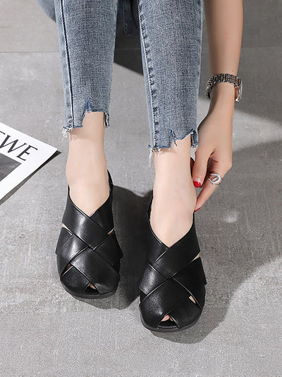 Spring Summer Solid Color Leather Round Toe Flat Shoes
