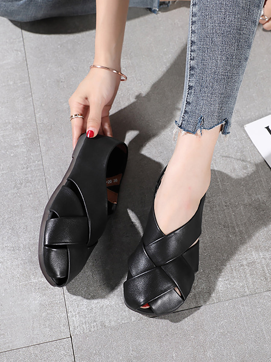 Spring Summer Solid Color Leather Round Toe Flat Shoes