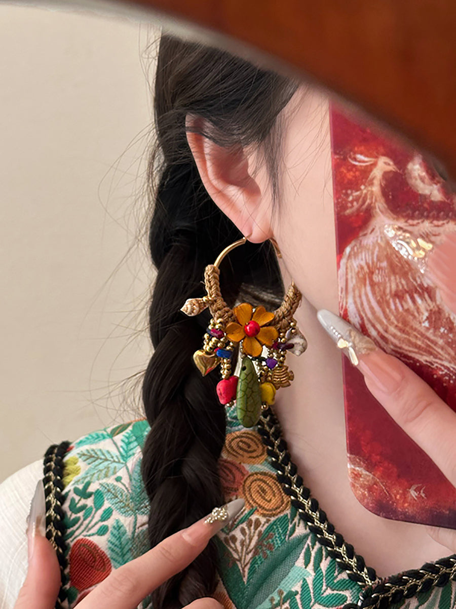 Women Ethnic Flower Bead Tassel Copper Earrings