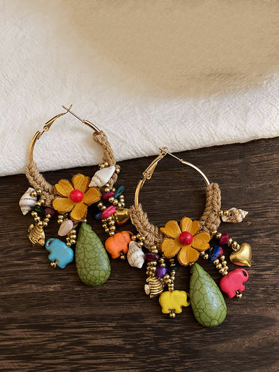 Women Ethnic Flower Bead Tassel Copper Earrings