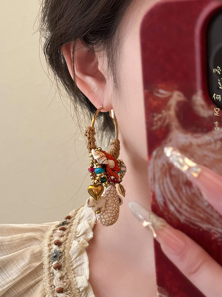 Women Ethnic Flower Bead Tassel Copper Earrings