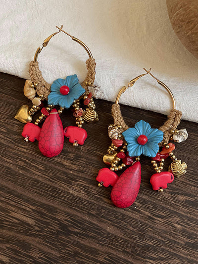 Women Ethnic Flower Bead Tassel Copper Earrings
