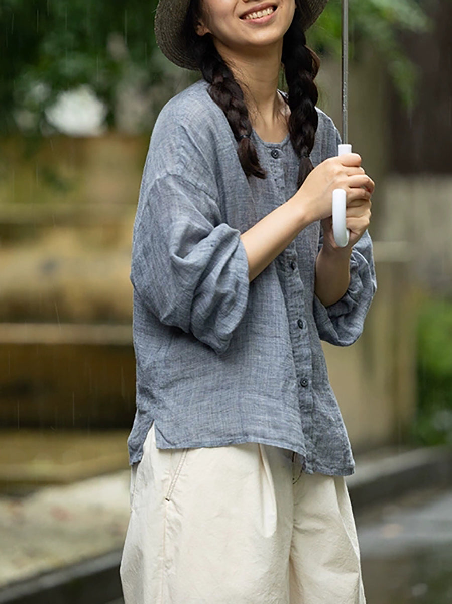 Plus Size Women Summer Casual Pure Color O-Neck 100%Linen Shirt