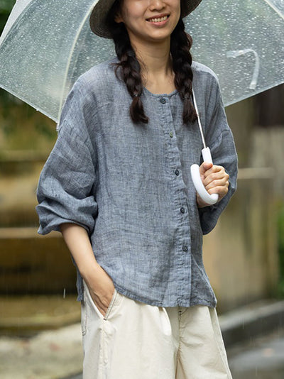 Plus Size Women Summer Casual Pure Color O-Neck 100%Linen Shirt