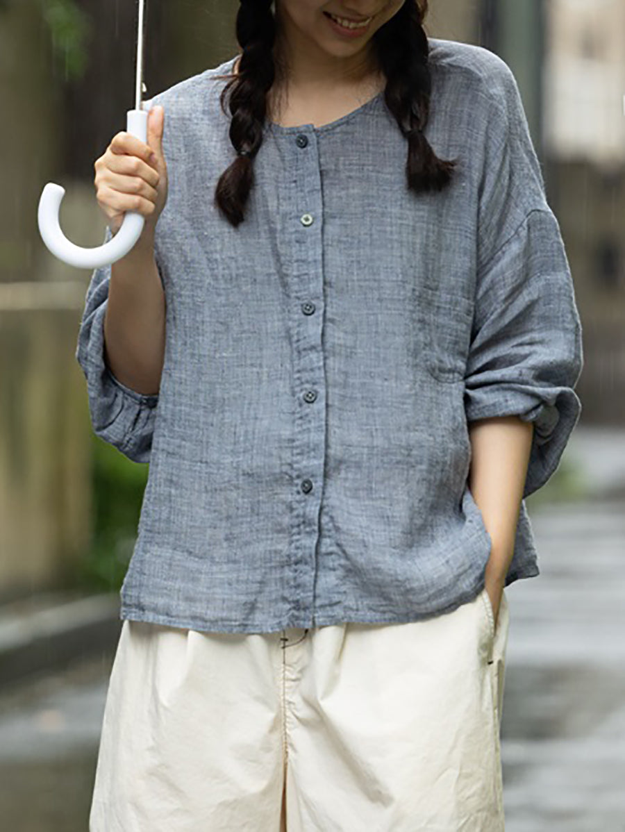 Plus Size Women Summer Casual Pure Color O-Neck 100%Linen Shirt