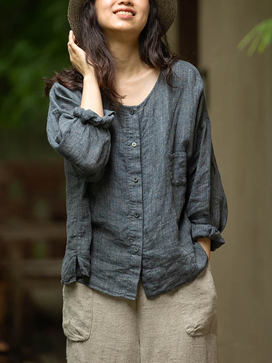 Plus Size Women Summer Casual Pure Color O-Neck 100%Linen Shirt