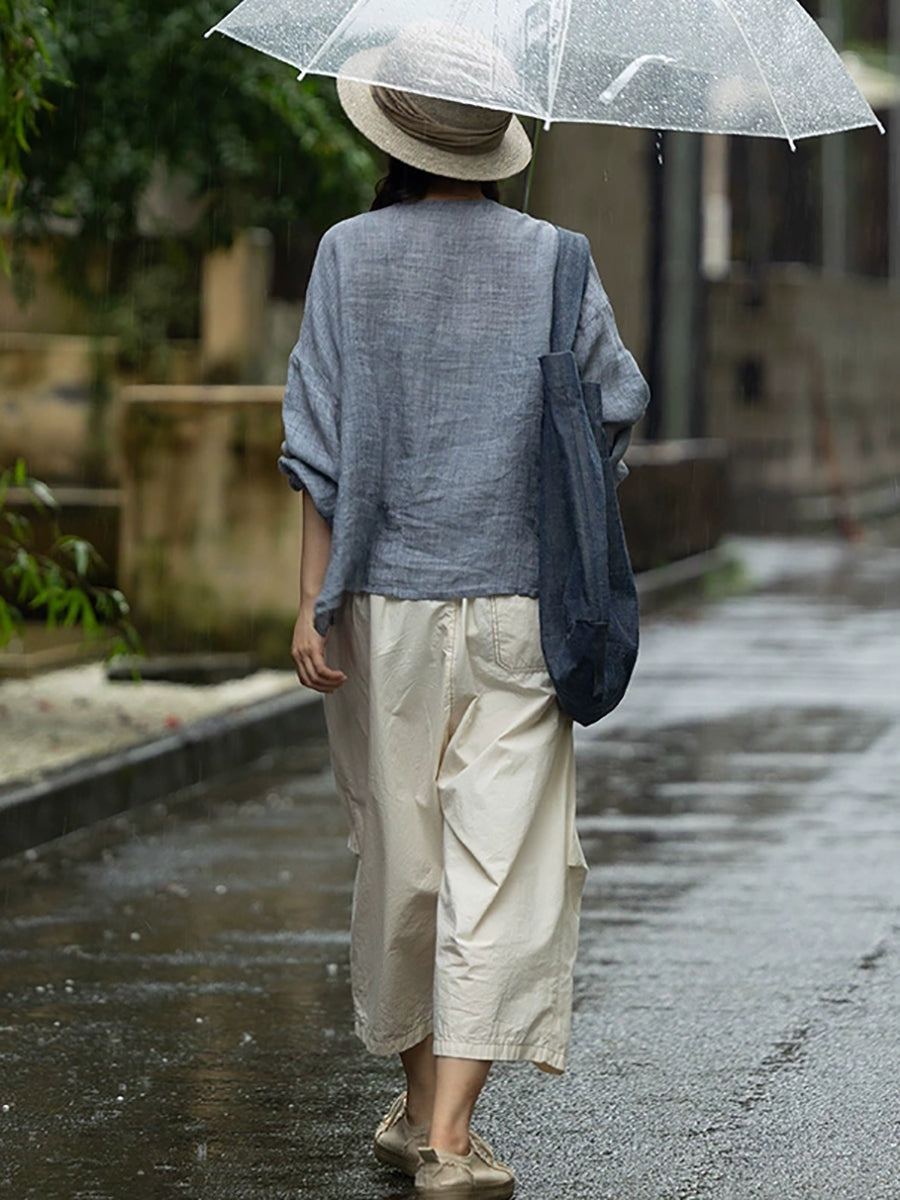 Plus Size Women Summer Casual Pure Color O-Neck 100%Linen Shirt