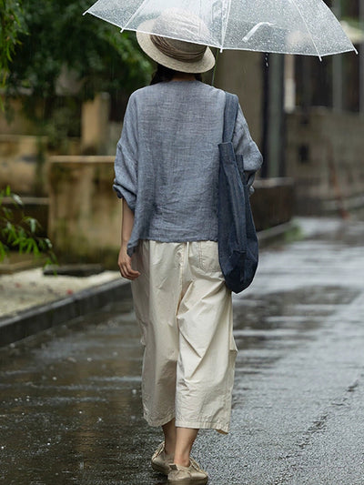 Plus Size Women Summer Casual Pure Color O-Neck 100%Linen Shirt