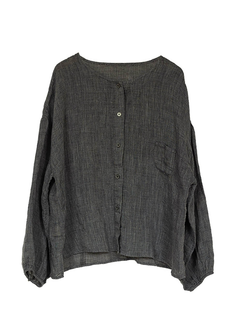 Plus Size Women Summer Casual Pure Color O-Neck 100%Linen Shirt