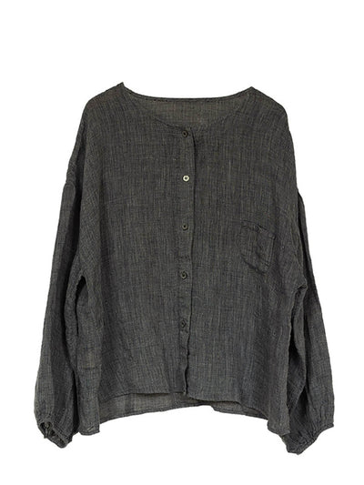 Plus Size Women Summer Casual Pure Color O-Neck 100%Linen Shirt