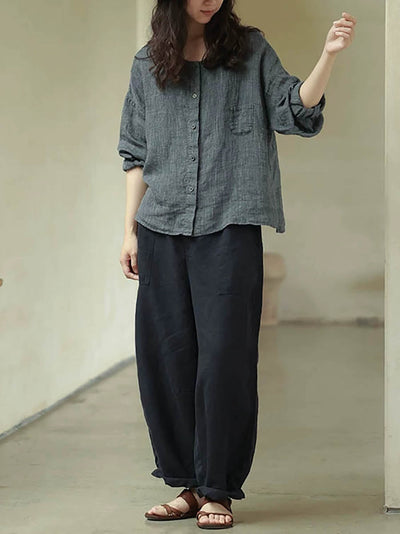 Plus Size Women Summer Casual Pure Color O-Neck 100%Linen Shirt