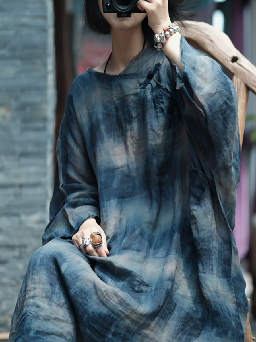 Plus Size Women Summer Retro Print O-Neck Ramie Dress