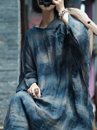 Plus Size Women Summer Retro Print O-Neck Ramie Dress